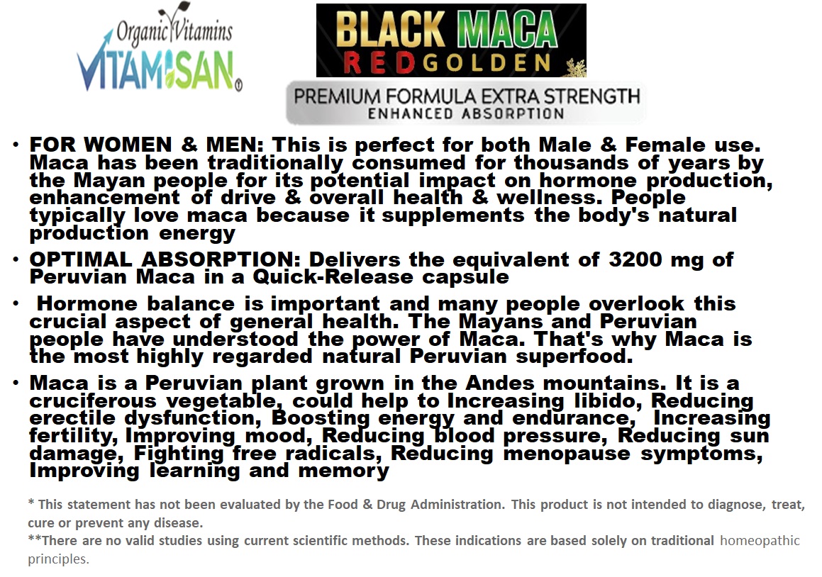 Maca Capsules BLACK Maca Yellow Maca Red Maca Roots Grown in Peru Peruvian Powder, Men & Women Supplement